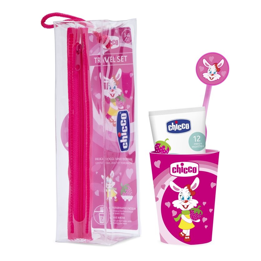 89652321663239403 Travel Set zestaw podróżny do mycia zębów pasta + szczoteczka + kubek + etui 3-6l Różowy - obrazek 1