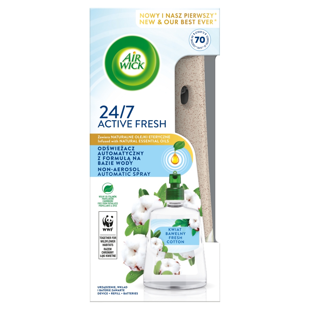 92083781677077943 Active Fresh odświeżacz automatyczny z formułą na bazie wody i wkład Kwiat Bawełny 228ml - obrazek 1