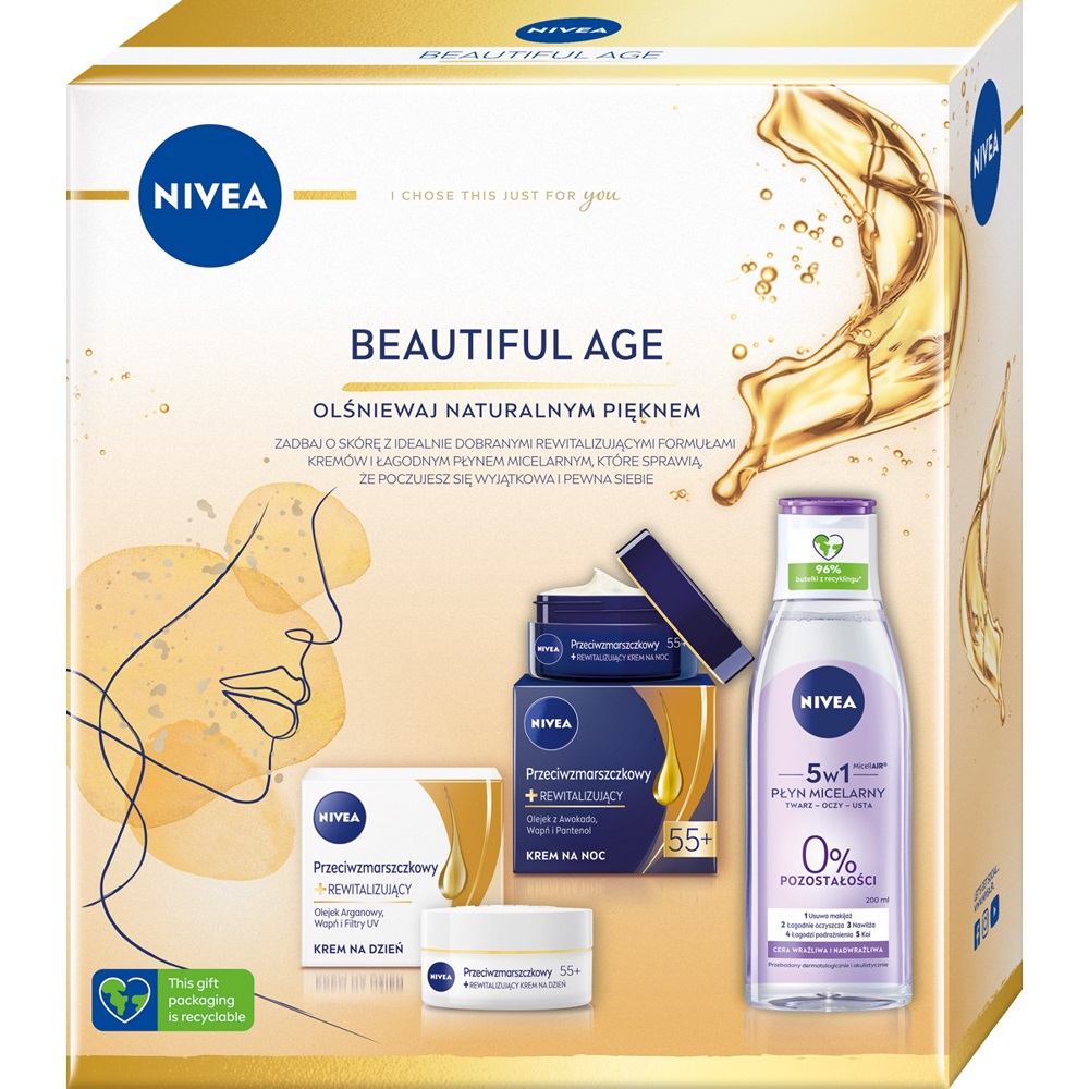 92728301664800532 Beautiful Age zestaw przeciwzmarszczkowy krem rewitalizujący 55+ na dzień 50ml + przeciwzmarszczkowy krem rewitalizujący na noc 55+ 50ml + płyn micelarny do cery wrażliwej i nadwrażliwej 200ml - obrazek 1