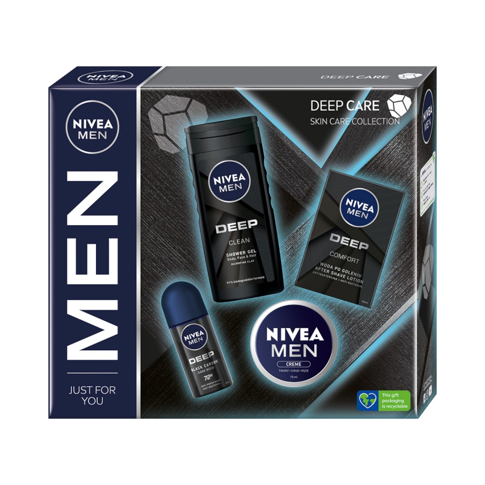 Created with GIMP Men Deep Care zestaw antyperspirant roll-on 50ml + krem uniwersalny 75ml + żel pod prysznic 250ml + antybakteryjna woda po goleniu 100ml - obrazek 1