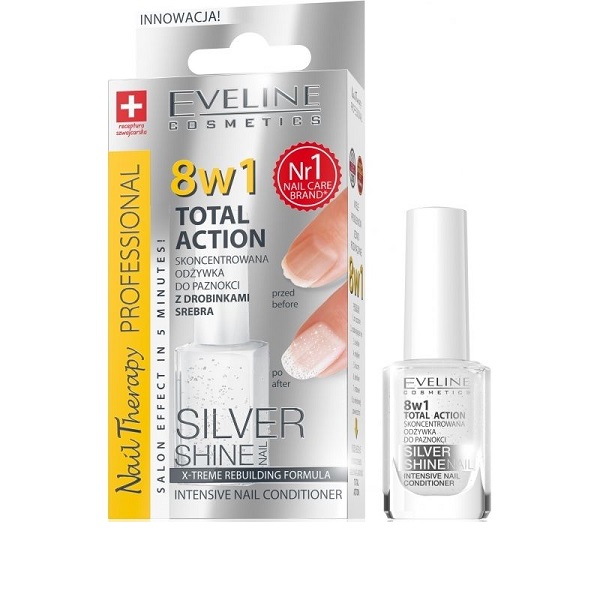 5139687049710670232 Nail Therapy Professional 8w1 Total Action Silver Shine skoncentrowana odżywka do paznokci z drobinkami srebra 12ml - obrazek 1